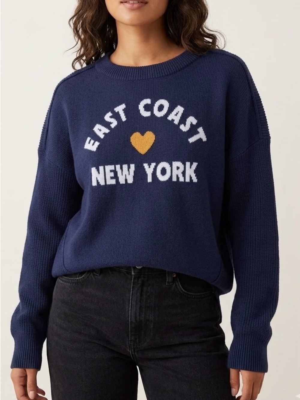 Maeve Anthropologie Graphic Ribbed-Hem Navy Crewneck Sweater L Coastal